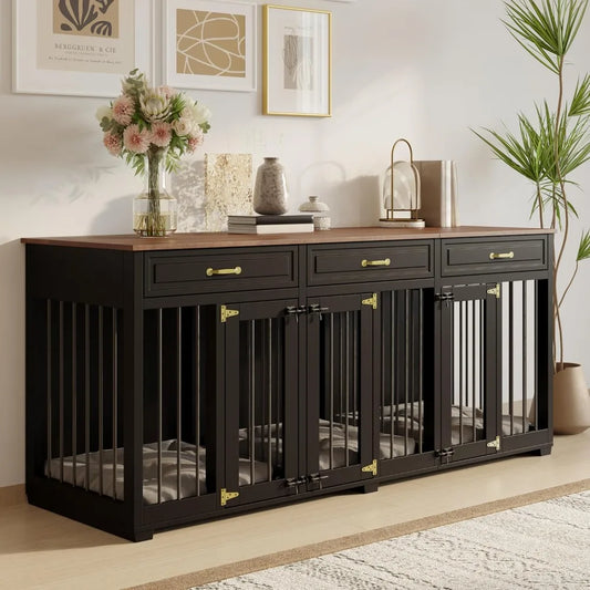 Modern Wooden Dog Crate Furniture with Storage – Large Indoor Kennel with Dividers & Drawers, Black