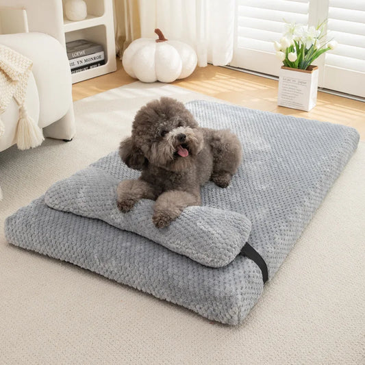 Warm Calming Dog Bed with Pillow – Fluffy Plush Pet Mat with Removable Washable Cover for Dogs & Cats