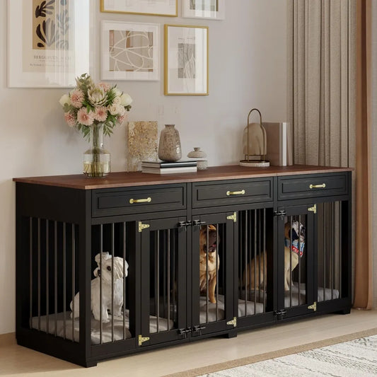 Modern Wooden Dog Crate Furniture with Storage – Large Indoor Kennel with Dividers & Drawers, Black
