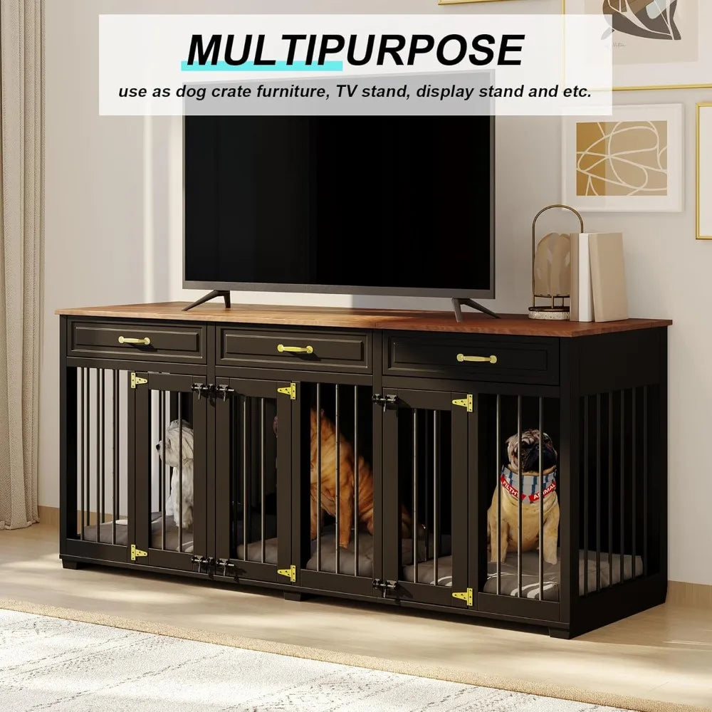 Modern Wooden Dog Crate Furniture with Storage – Large Indoor Kennel with Dividers & Drawers, Black